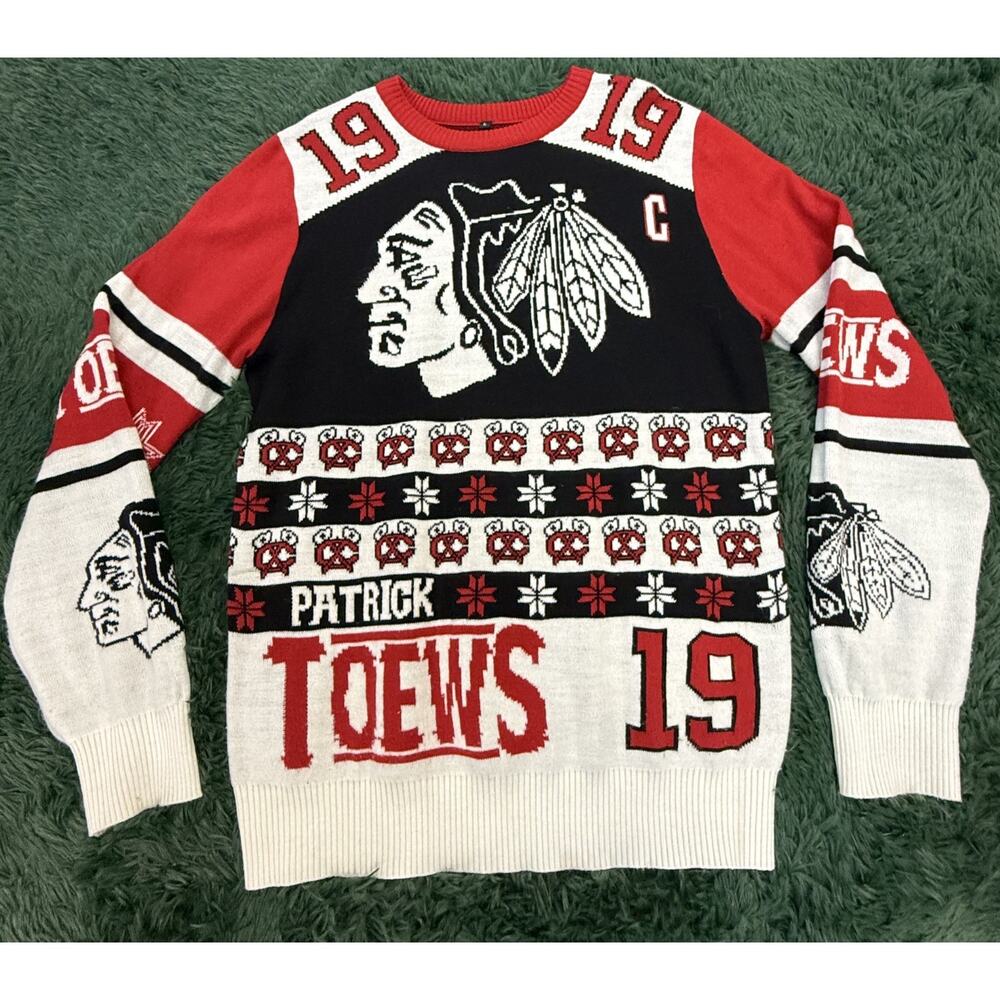 Patrick Toews #19 Chicago Blackhawks Ugly Christmas Sweater Men's Size Large
